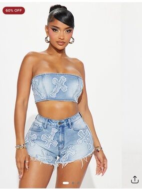 Fashion Nova Light Blue Distressed Denim Cropped Tube Top & Shorts Set